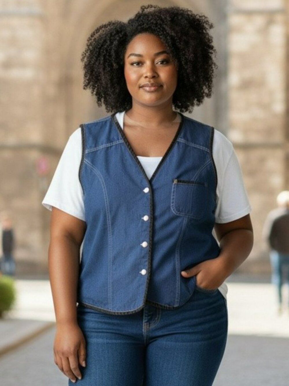 Vintage Carole Little II Plus Size 1X Blue Denim Chambray Button Up Vest Pocket